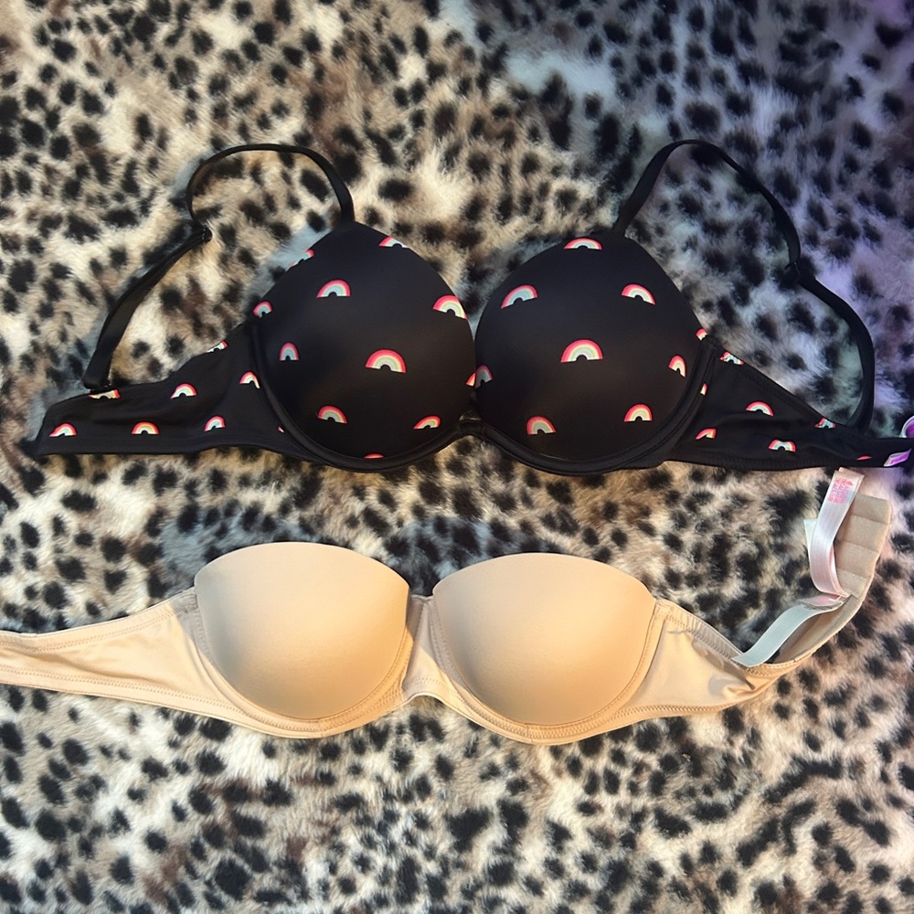 PINK Victoria's Secret Black and Beige Push Up Bra Set